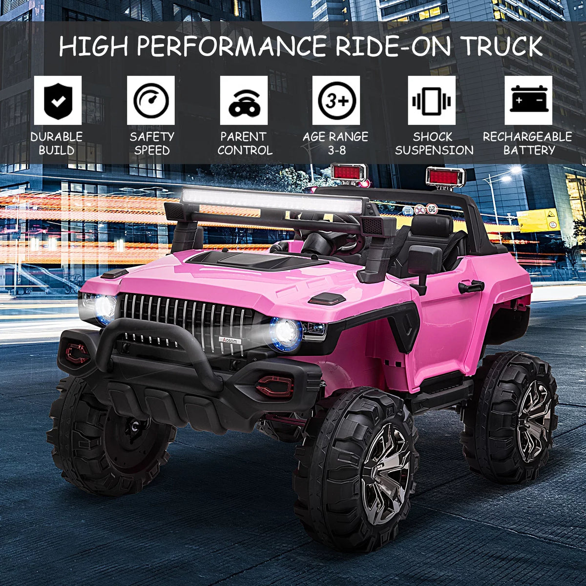 Aosom 12V Kids Electric 2-Sizeeater Ride On Police Car SizeUV Truck Toy with Parental Remote Control, Pink