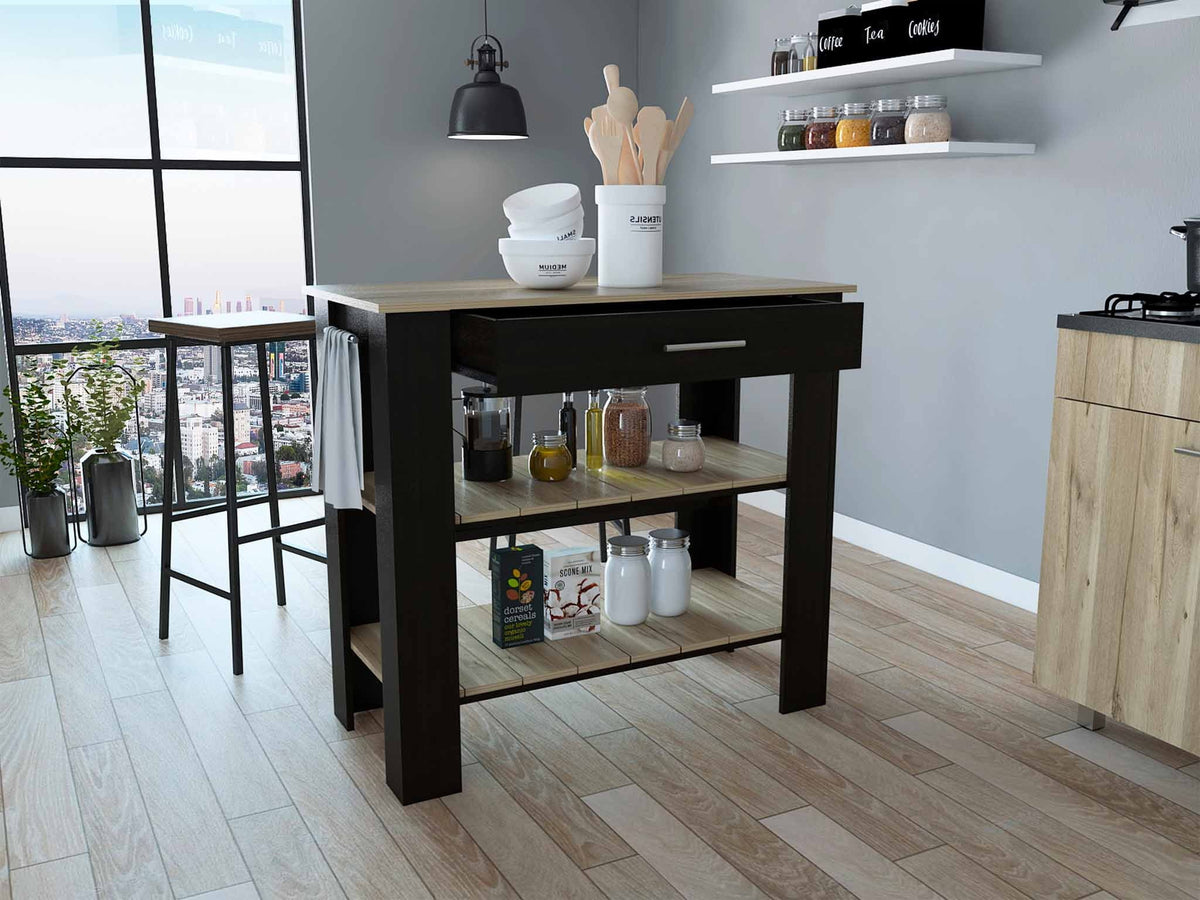 Boahaus Reims Kitchen Island, Assembled Product Height 37 in, Black Wengue / Light Oak