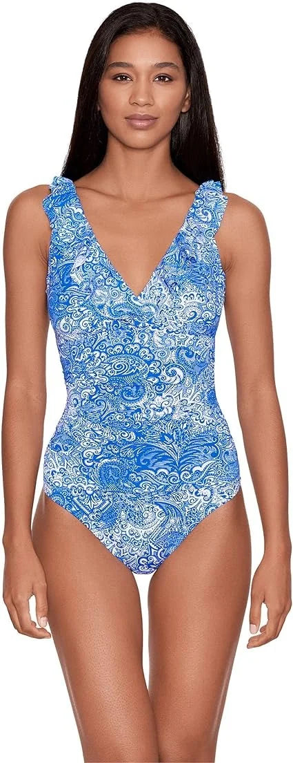 Ralph Lauren Printed Ruffled Tummy-Control One-Piece Sizewimsuit