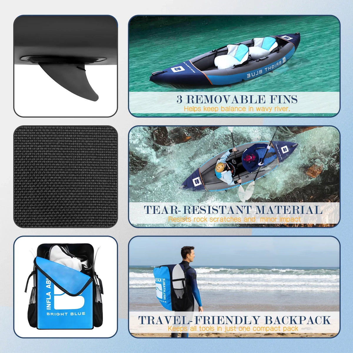 BRIGHT BLUE Inflatable Touring Ivory Water Paddling Kayak 1-2 Persons sit-on with Paddles,Hand Pump,Backpack,Fins