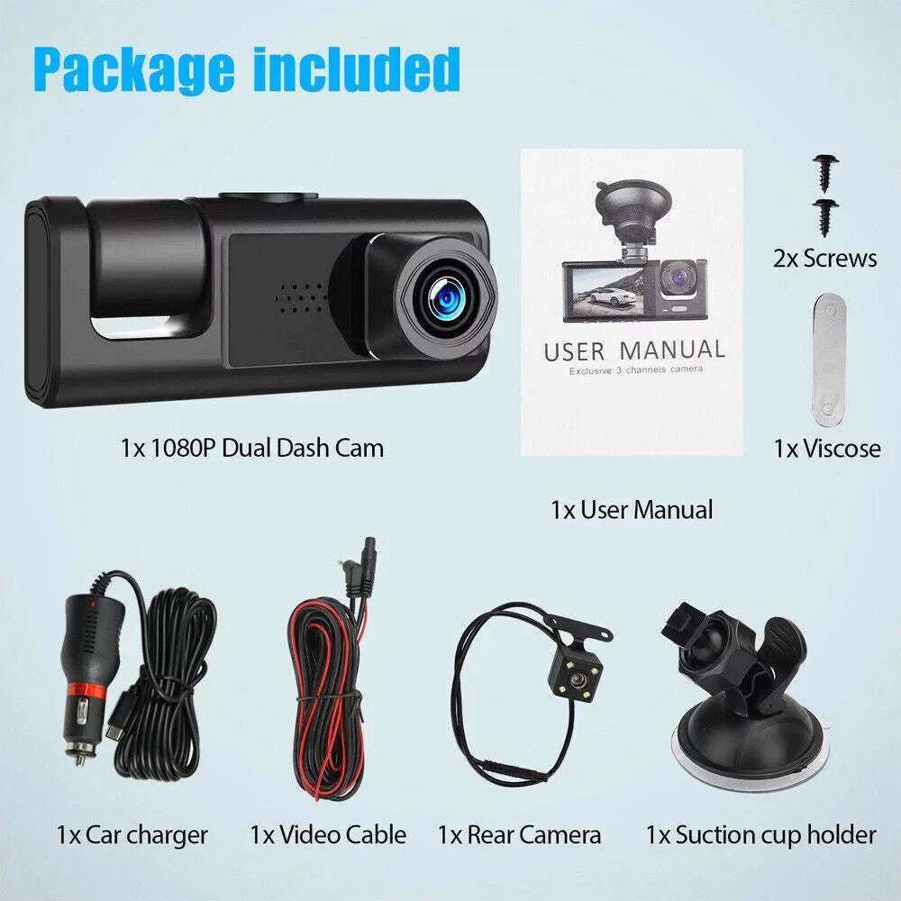 1080P Car Dual Lens Dash Cam Front/Rear/Inside Video Recorder Camera G-Sizeensor