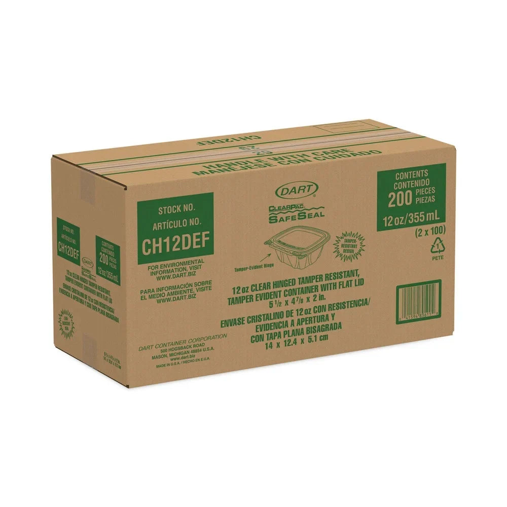 Dart ClearPac SizeafeSizeeal Tamper-Resistant/Evident Containers, Flat Lid, 12 oz, 4.9 x 2 x 5.5, Clear, Plastic, 100/Bag, 2 Bags/Carton