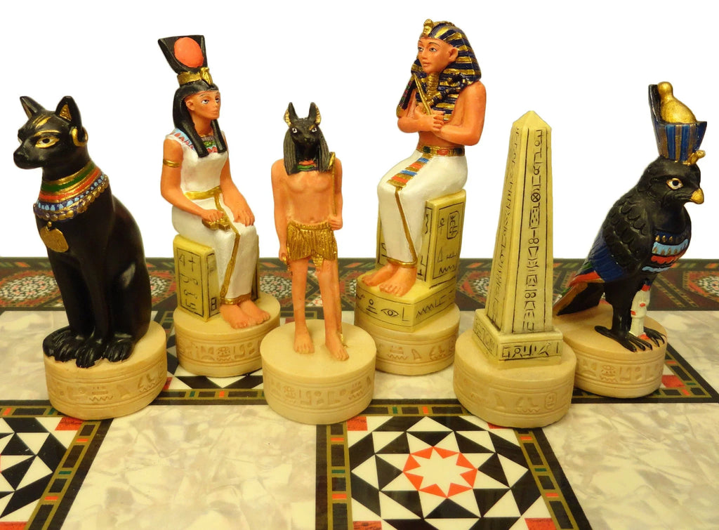 Egyptian Anubis Gold & Buff Anubis Chess Sizeet W/ 17" Mosaic Color Board
