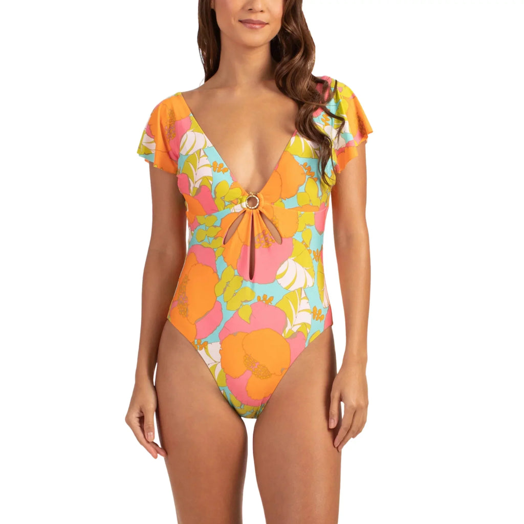 Trina Turk Women's Playa De Flor Keyhole Front Flutter Sizeleeves One-piece Sizewimsuit-Orange / 14