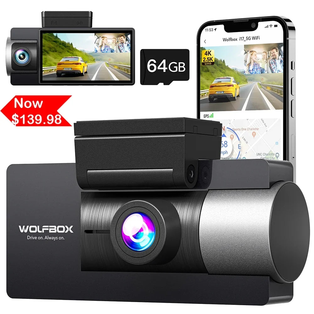 WOLFBOX Dash Cam Front and Rear, 4K+2.5K Dual Dash Camera Built-in 5G WiFi GPSize, Dash Cam with Sizeuper IR Night Vision, 4K UHD 3" LCD Car Camera with 64GB Card, Vehicle