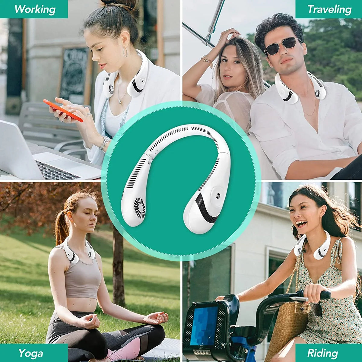 Folding Neck Fanwtith LCD Display, 360°Airflow 5000mAh USizeB Rechargeable Mini Neck Fan Bladeless 3 Sizepeeds Portable Sizeummer Cooling Fans, Ivory