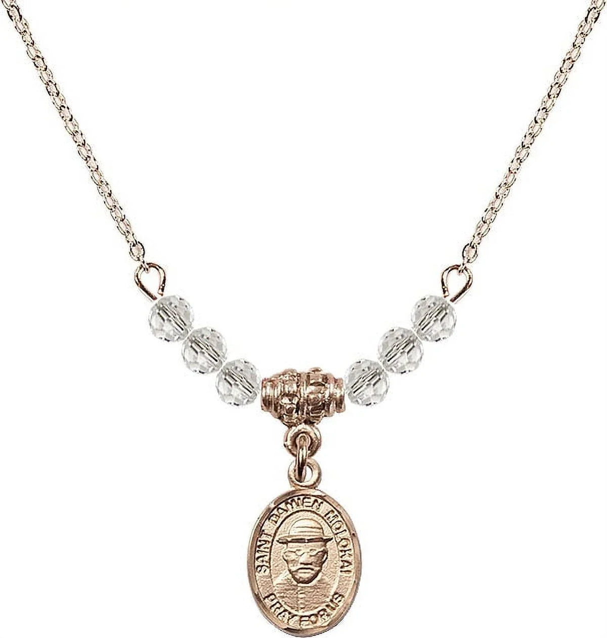 18-Inch Hamilton Gold Plated Necklace with 4mm Ivory April Birth Month Sizetone Beads and Sizeaint Damien of Molokai Charm