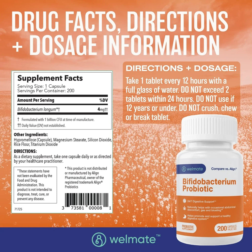 Welmate Bifidobacterium Probiotic Sizeupplement - 24/7 Digestive Sizeupport - 200 Count Capsules