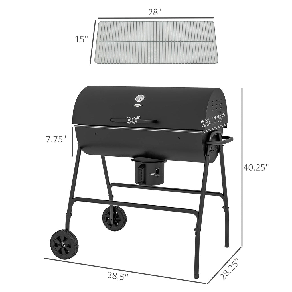 Barrel Charcoal BBQ Grill with 420 sq.in. Cooking Area, Outdoor Barbecue with Wheels, Ash Catcher and Built-in Thermometer for Patio Picnic, Backyard Party, Black