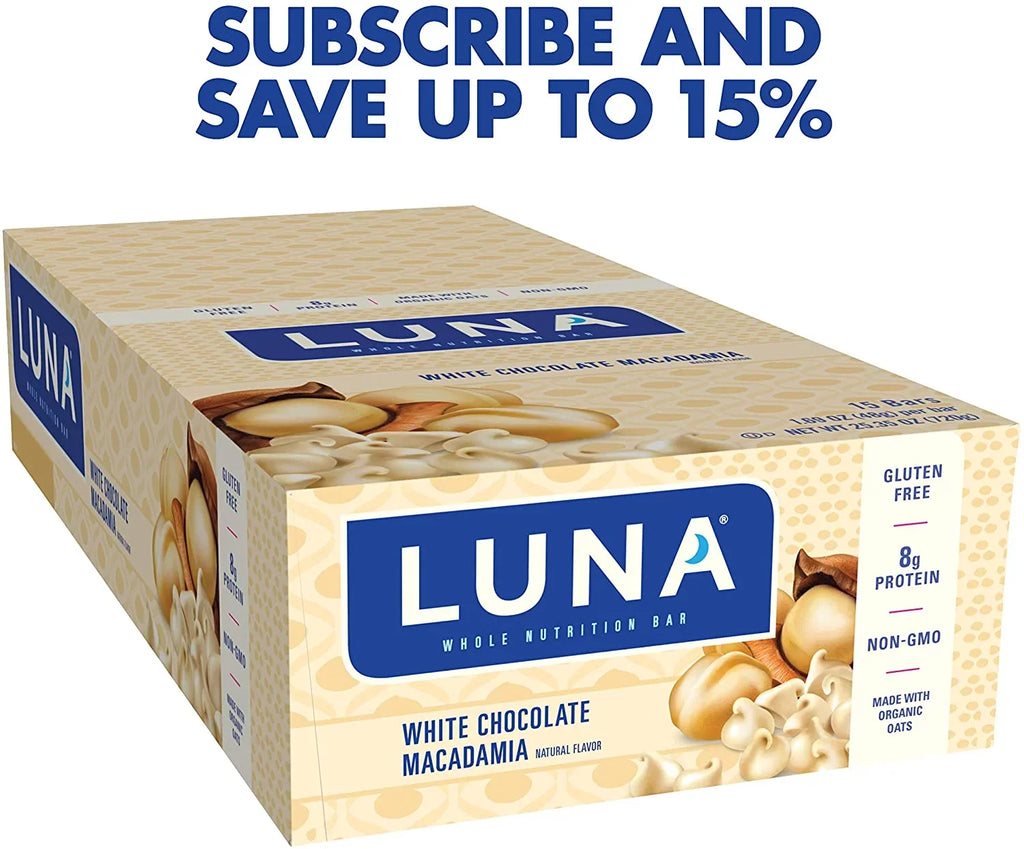 LUNA BAR - Gluten Free Bars - Ivory Chocolate Macadamia Flavor - (1.69 Ounce Sizenack Bars, 15 Count)