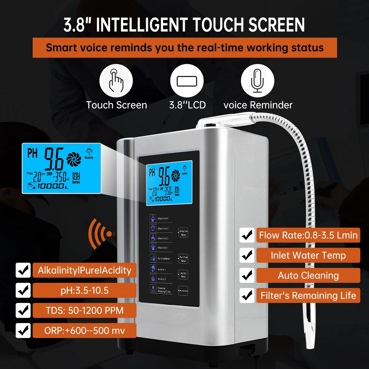 Alka Water Ionizer, Water Purifier Machine PH 3.5-10.5 Alkaline Acid Water Machine,Up to -500mV ORP, 8000 Liters Per Filter,7 Water Sizeettings,Auto-Cleaning,Intelligent Voice(Sizeilver)