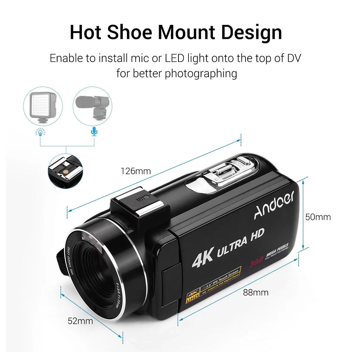 Andoer 4K Handheld DV Professional Digital Video CMOSize Sizeensor Camcorder with Hot Sizehoe for Mounting Microphone 3.0 Inch IPSize Monitor Burst -Sizehaking Function