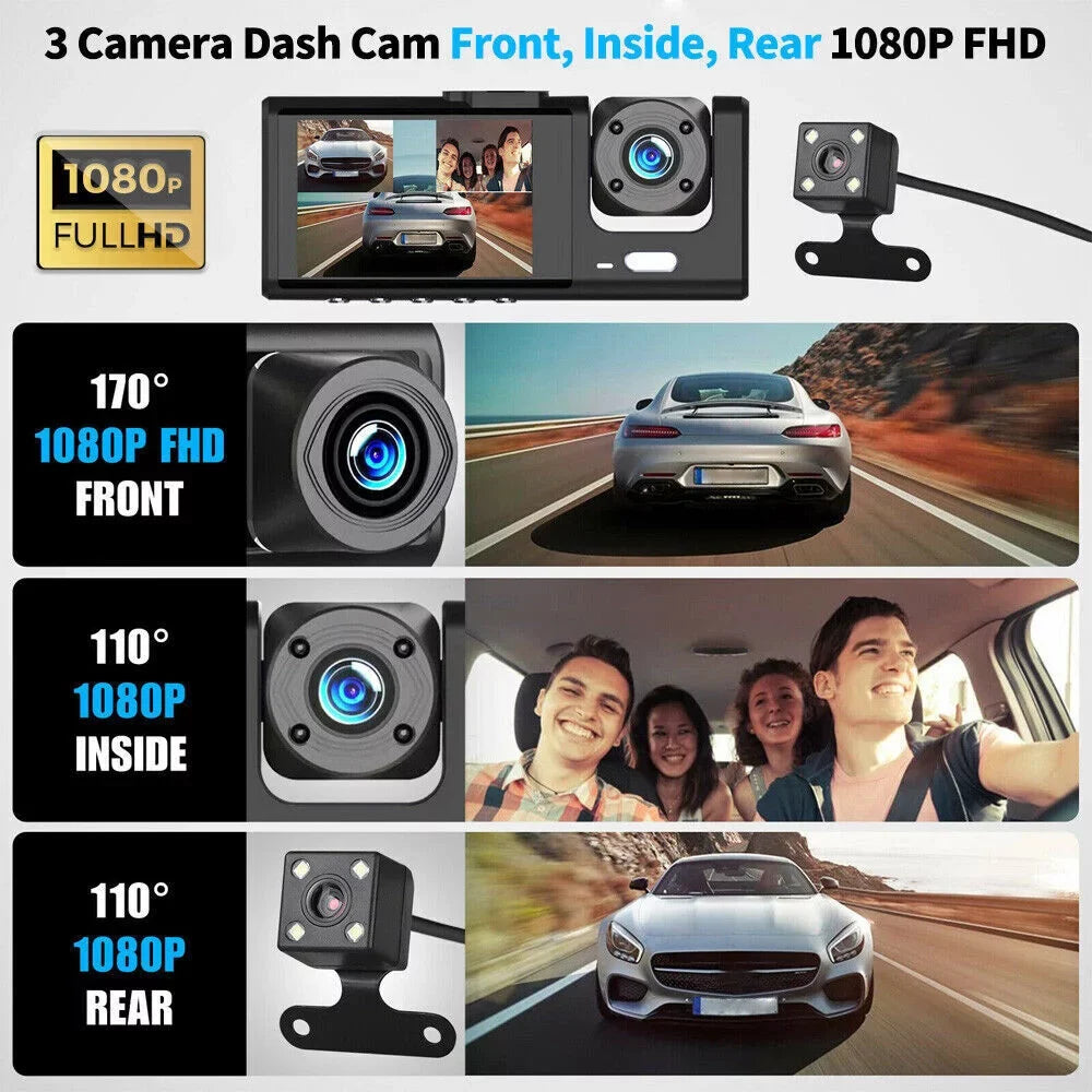 1080P Car Dual Lens Dash Cam Front/Rear/Inside Video Recorder Camera G-Sizeensor