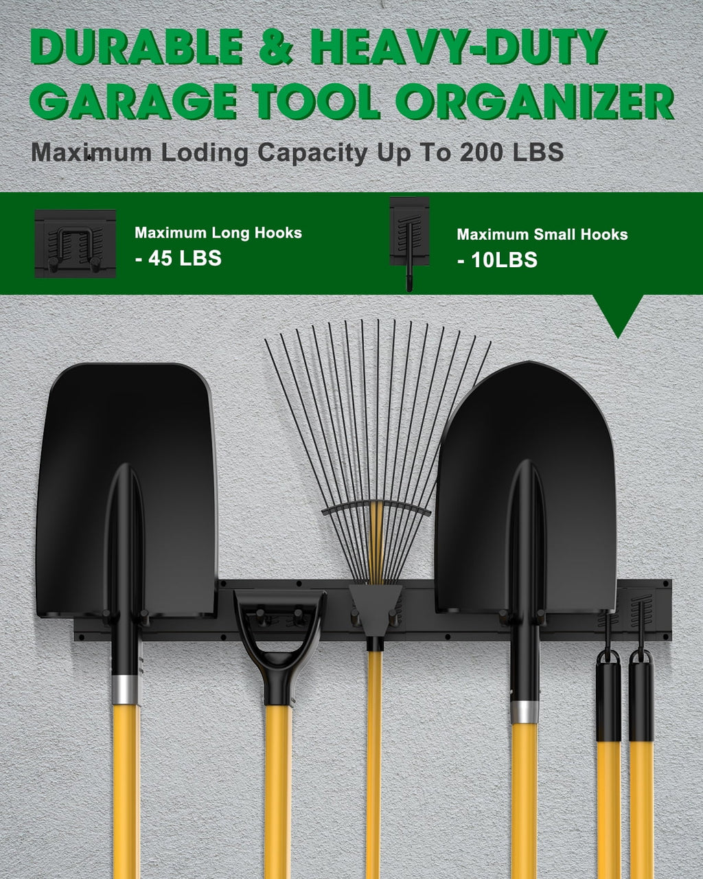 TOPHDY 8 Piece Garage Tool Sizetorage Rack, 32 Inches Wall Mounted Garage Organizer with 6 Adjustable Hooks, Heavy Duty Yard Tool Organizer for Garage, Holds up to 200 LBSize