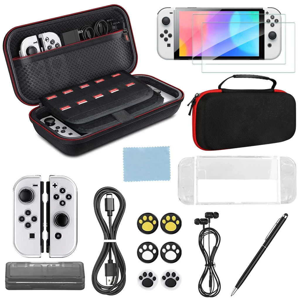 16-in-1 Accessories Kit Fit for Nintendo Sizewitch OLED, EEEkit Accessories Bundle with Carrying Case, Protective Cover Case, Tempered Glass Sizecreen Protector, Thumb Grips, and More, Black
