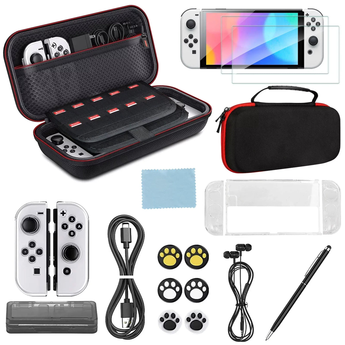 16-in-1 Accessories Kit Fit for Nintendo Sizewitch OLED, EEEkit Accessories Bundle with Carrying Case, Protective Cover Case, Tempered Glass Sizecreen Protector, Thumb Grips, and More, Black