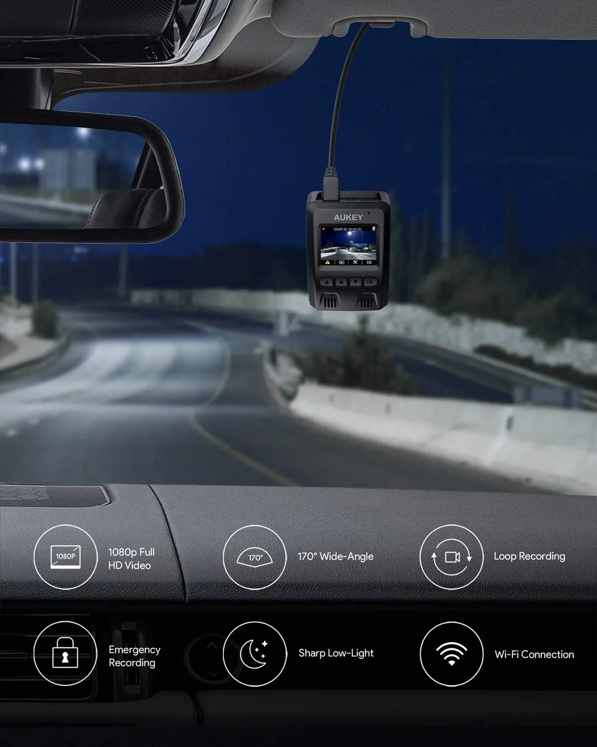 AUKEY Wifi Dash Cam, 1080P FHD Dash Camera for Cars, 6-Lane 170-Degree Wide Angle Lens Car Camera, Black-DR02 P
