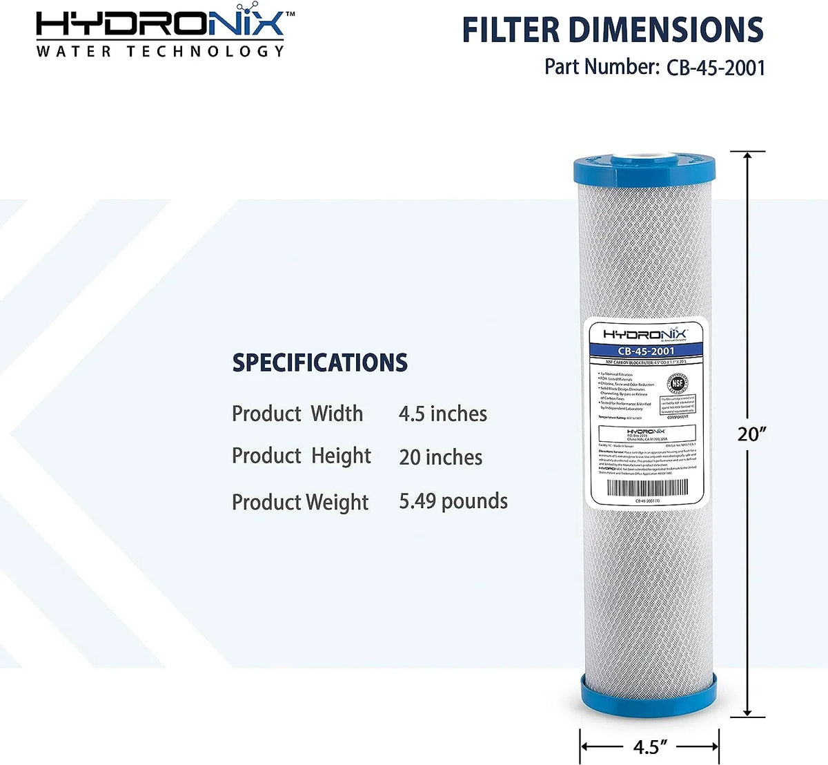 Hydronix CB-45-2001 Replacement Carbon Water Filter  20-inch x 4.5-inch 1 Micron