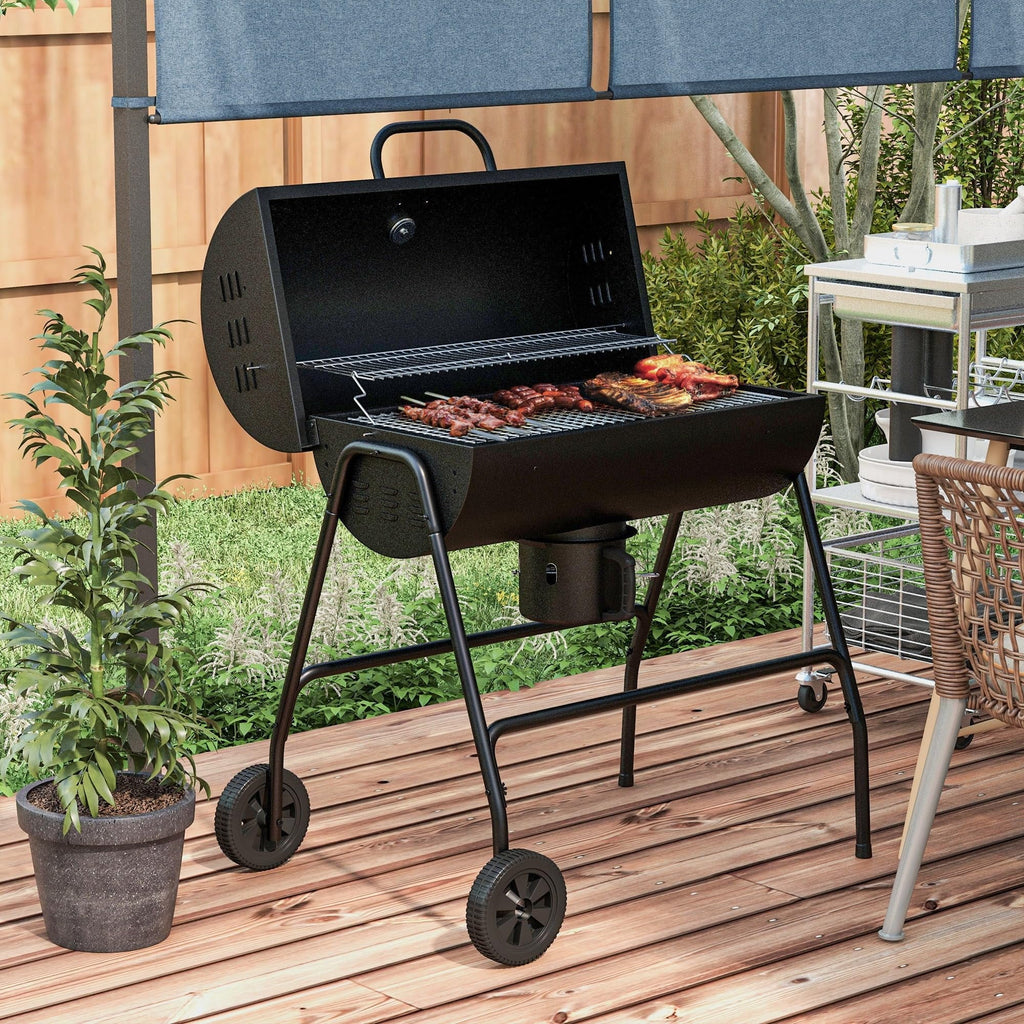 Barrel Charcoal BBQ Grill with 420 sq.in. Cooking Area, Outdoor Barbecue with Wheels, Ash Catcher and Built-in Thermometer for Patio Picnic, Backyard Party, Black