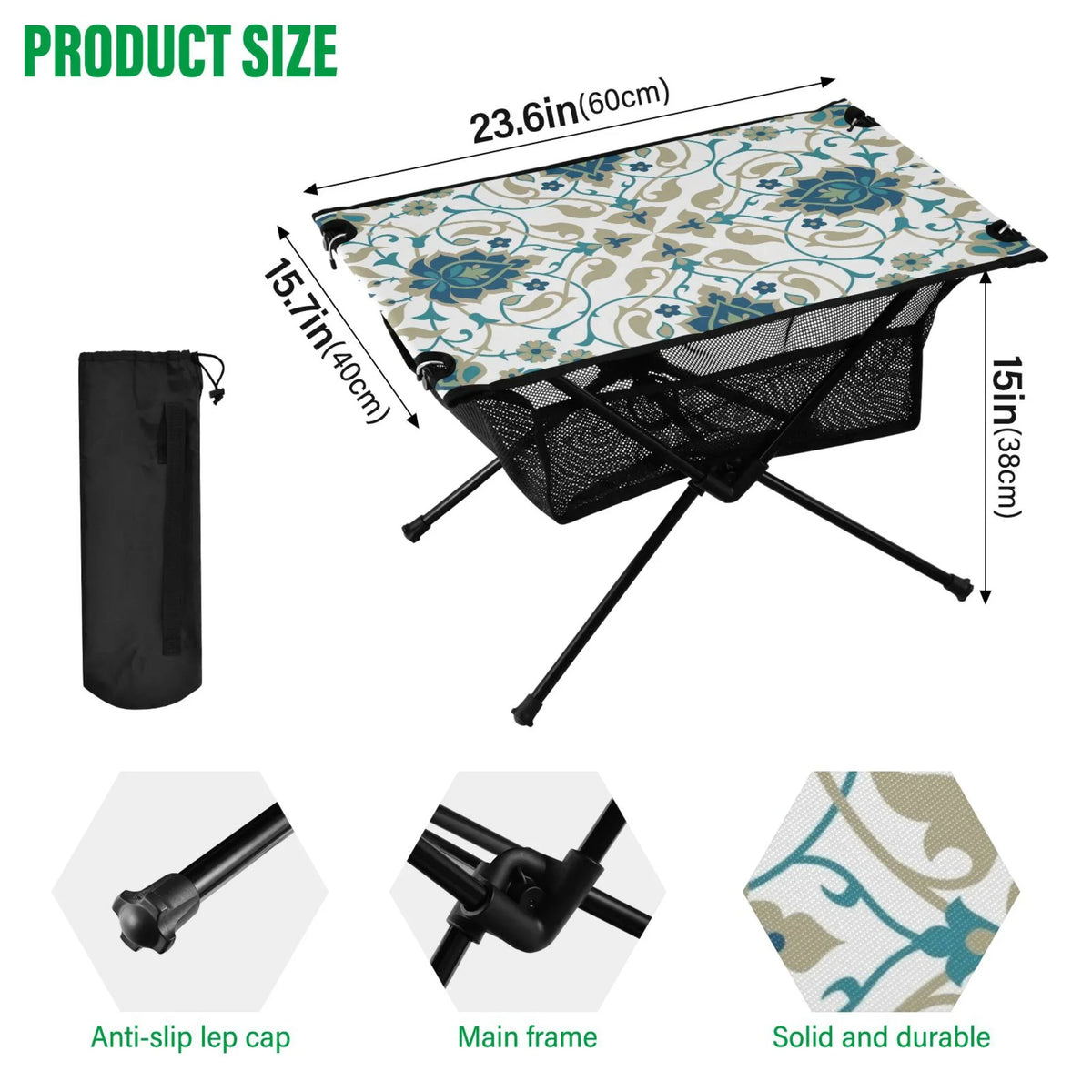Indian Print Camping Folding Table Portable Beach Table with Sizetorage Bag Compact Picnic Table for Outdoor Travel Fishing BBQ