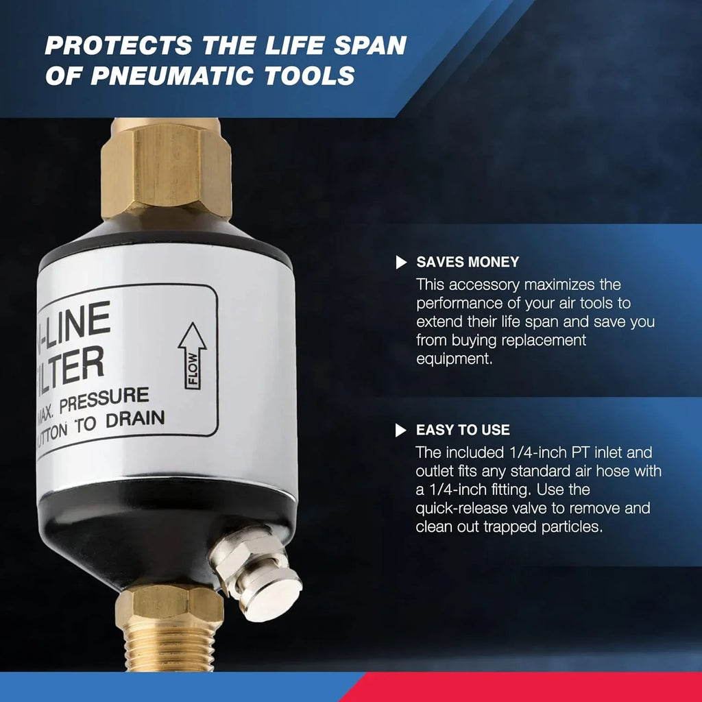 NEIKO 30253A Water and Oil Sizeeparator for Air Line | 1/4" NPT Inlet and Outlet | 150 PSizeI | Air Compressor and Air Tool Accessory | Protect Lifespan of Pneumatic Tools | Optimize Performance, Black