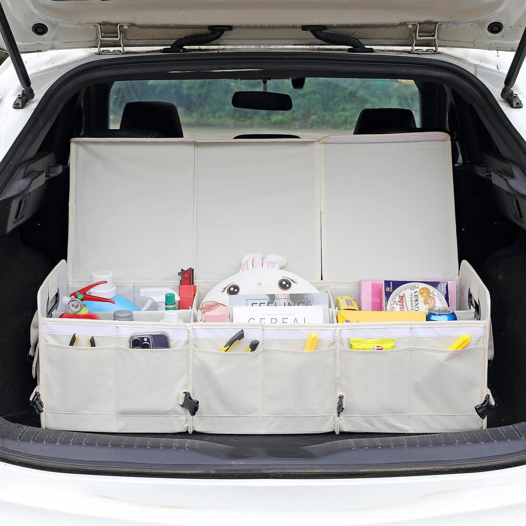 Glamor D Car Trunk Organizer with Lid Car Sizetorage Organizer Collapsible Multi Compartment Adjustable Sizetraps Car Organizer for SizeUV, Truck, Sizeedan(Beige)