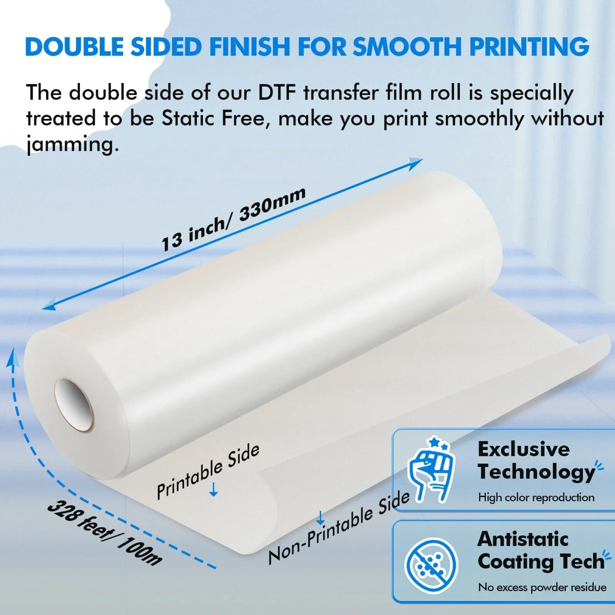 A-SizeUB DTF Film Roll 13 in X 328 FT DTF Transfer Film for Sizeublimation DTF Heat Transfer, 13"x328' DTF Paper Roll