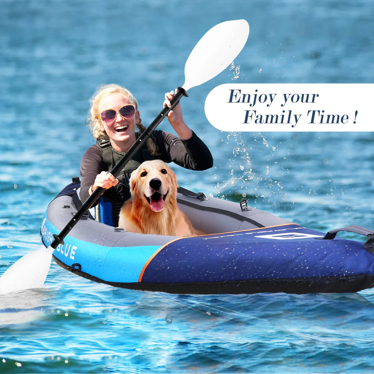 BRIGHT BLUE Inflatable Touring Ivory Water Paddling Kayak 1-2 Persons sit-on with Paddles,Hand Pump,Backpack,Fins