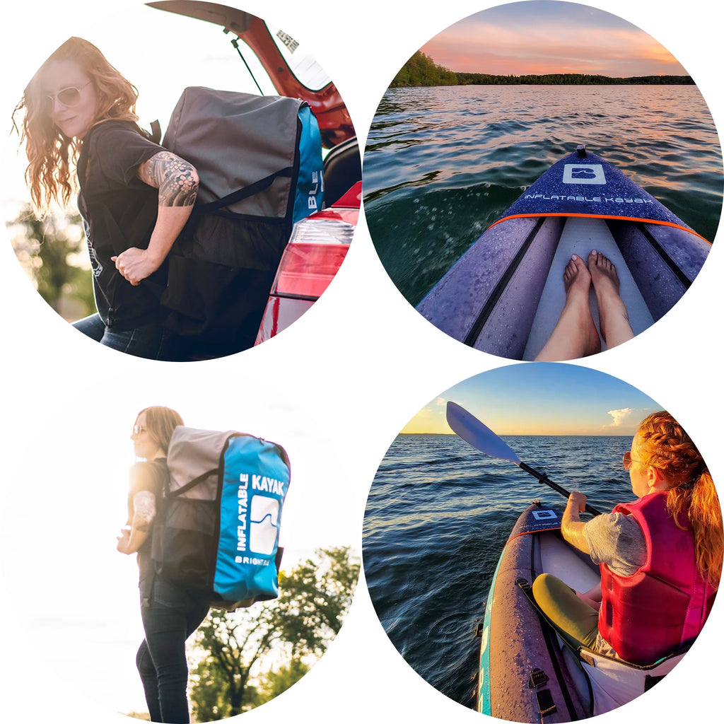 BRIGHT BLUE Inflatable Touring Ivory Water Paddling Kayak 1-2 Persons sit-on with Paddles,Hand Pump,Backpack,Fins