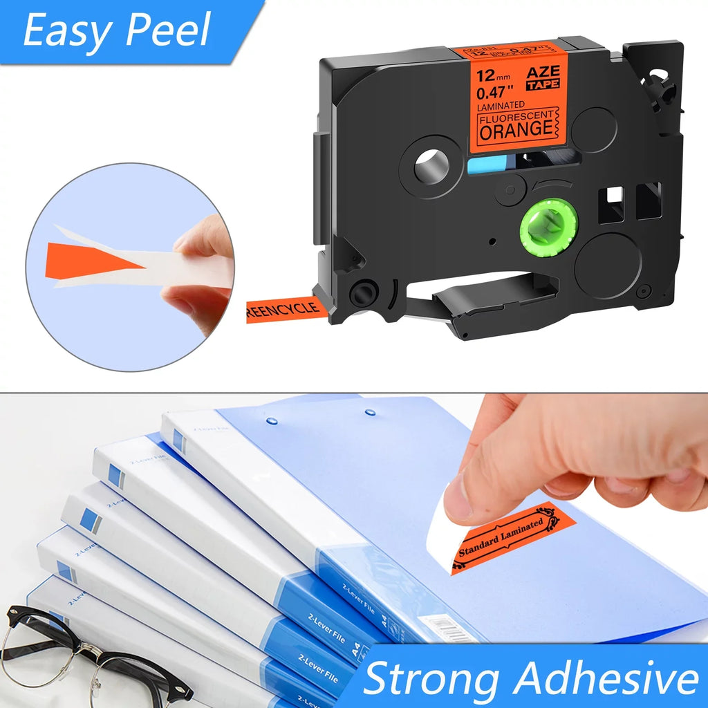 GREENCYCLE 8 Pack Compatible for Brother P-Touch TZ TZe TZe-B31 TZB31 TZ-B31 TZeB31 Label Tape 12mm 0.47'' Black on Fluorescent Orange Laminated use in Cube PT-D600 H110 D210 D400 Label Maker