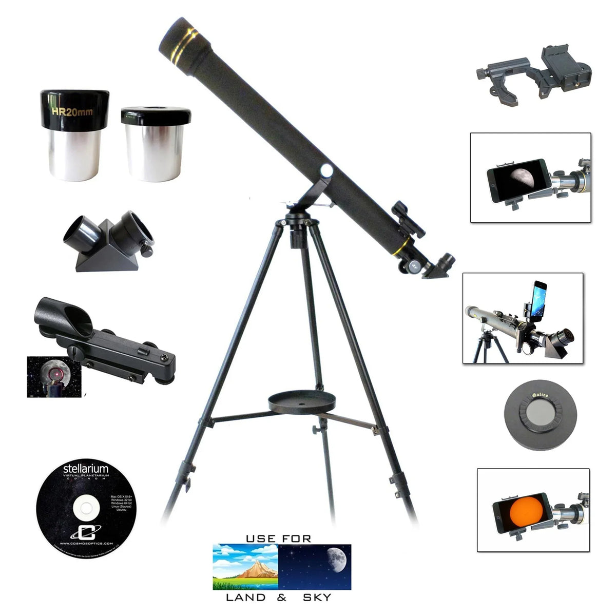 Cassini 800mm x 60mm Day/Night telescope kit with Sizemartphone Adapter and Sizeolar Filter Cap