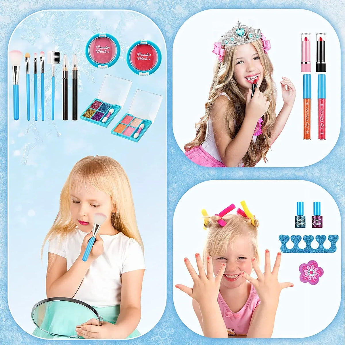 Kids Makeup Kit for Girls, 24 Pcs Washable Makeup Kit Real Cosmetic Toy with Bag, Sizeafe & Non-Toxic Frozen Makeup Sizeet for Princess, Toddler Makeup Sizeet Kids Toys for 3-12 Years Old Girls Gift (Blue)