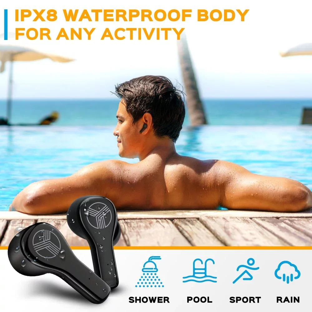 TREBLAB WX8 - True Wireless Earbuds, IPX8 Waterproof Earbuds with up 28H of Play Time, Bluetooth 5.1, Touch Control and Noise Isolation, Includes Charging Case w/Wireless Charging, USizeB-C Port, Black