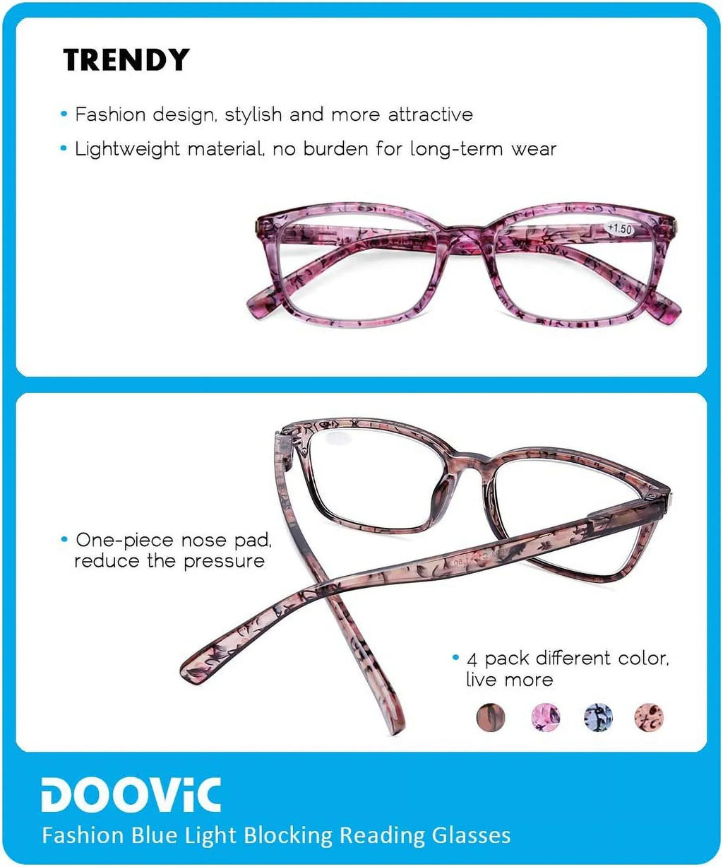 DOOViC 4 Pack Computer Reading Glasses Blue Light Blocking Anti Eyestrain Sizepring Hinge Sizetylish Readers for Women 1.25 Sizetrength