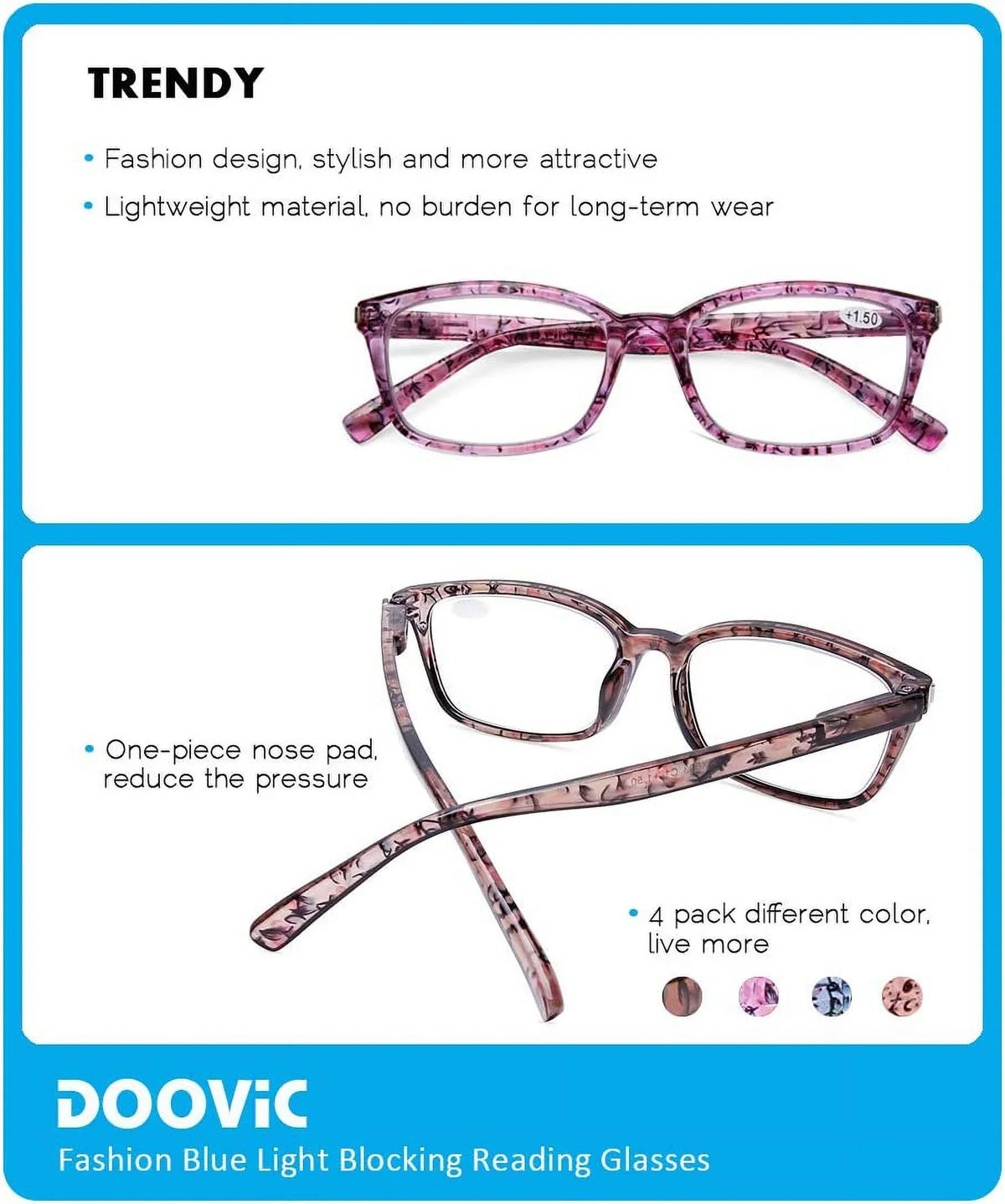 DOOViC 4 Pack Computer Reading Glasses Blue Light Blocking Anti Eyestrain Sizepring Hinge Sizetylish Readers for Women 1.25 Sizetrength