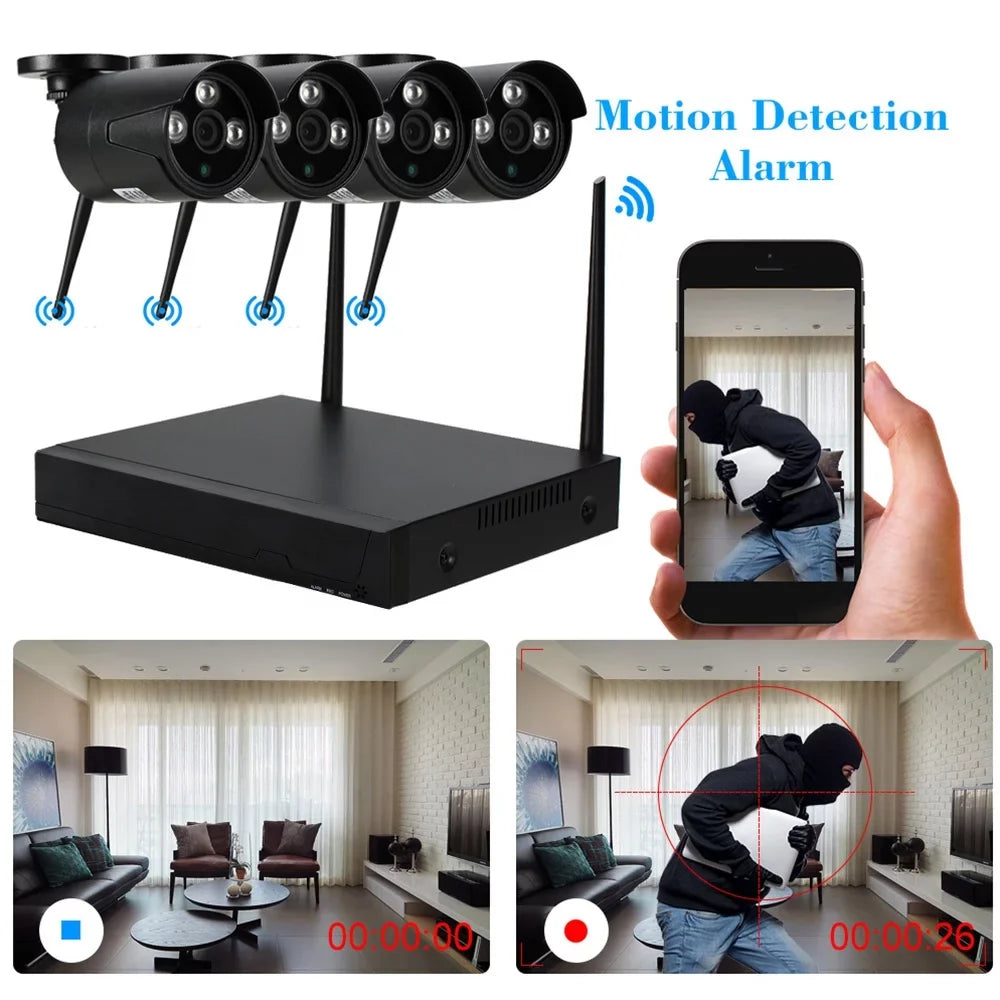 4CH 1080P HD WiFi NVR Kit with 4pcs 1.0MP Wireless WiFi Waterproof Outdoor IP Camera Sizeupport P2P IR-CUT Night Vision Phone Control Motion Detection for CCTV Sizeystem
