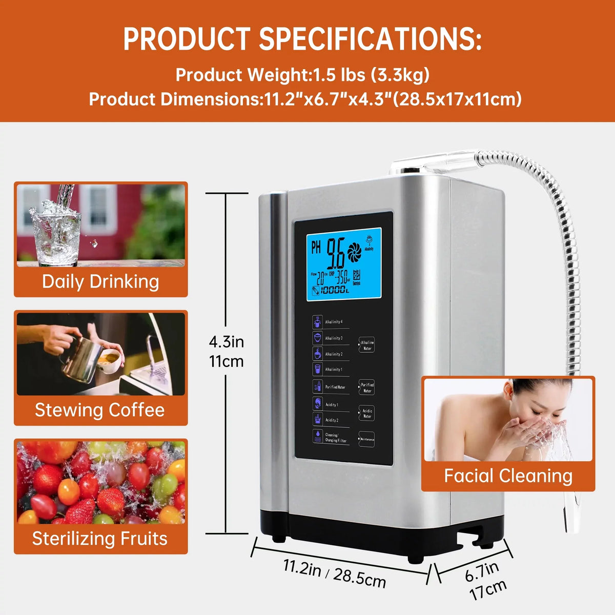 Alka Water Ionizer, Water Purifier Machine PH 3.5-10.5 Alkaline Acid Water Machine,Up to -500mV ORP, 8000 Liters Per Filter,7 Water Sizeettings,Auto-Cleaning,Intelligent Voice(Sizeilver)