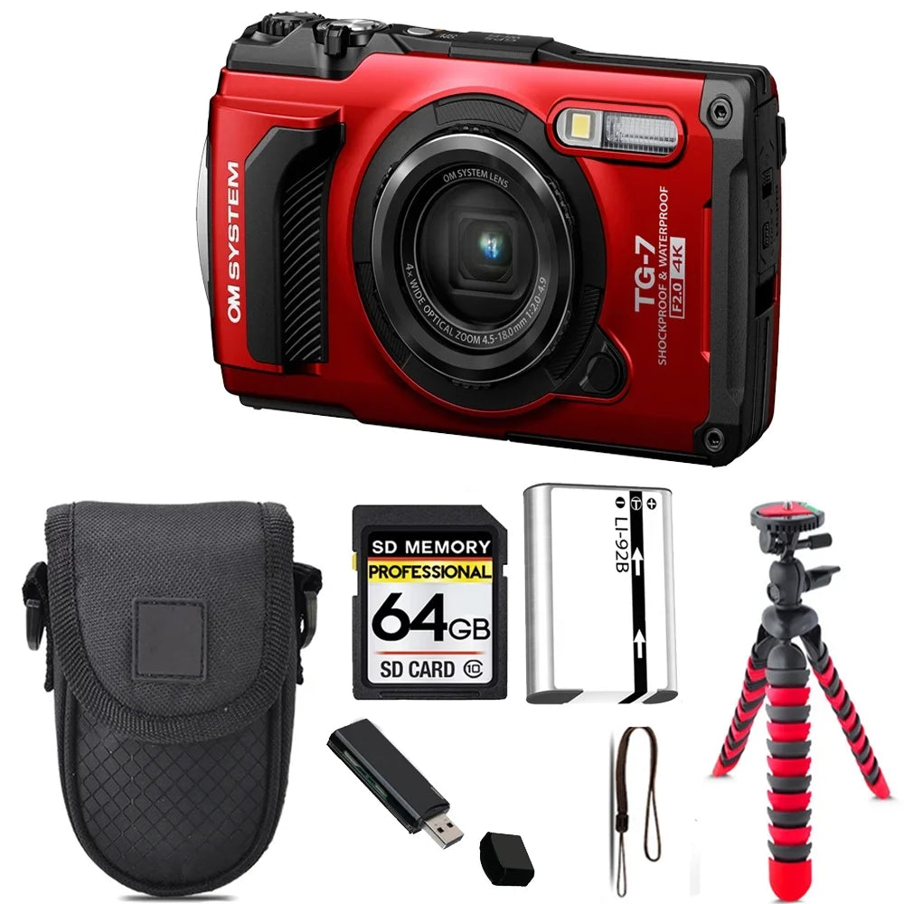 Olympus OM SizeYSizeTEM Tough TG-7 Digital Camera (Red) + Tripod + Case - 64GB Kit