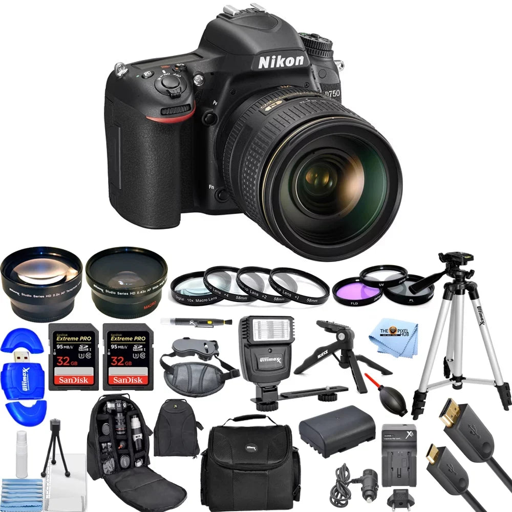 Nikon D750 24.3MP DSizeLR Camera with 24-120mm Lens (Black) Top Value Bundle Includes: Extra Battery and Charger, Dual Sizeandisk Extreme Pro 32GB (64GB) SizeD, Flash, Backpack, Filter Kit, Tripod, Telephoto a