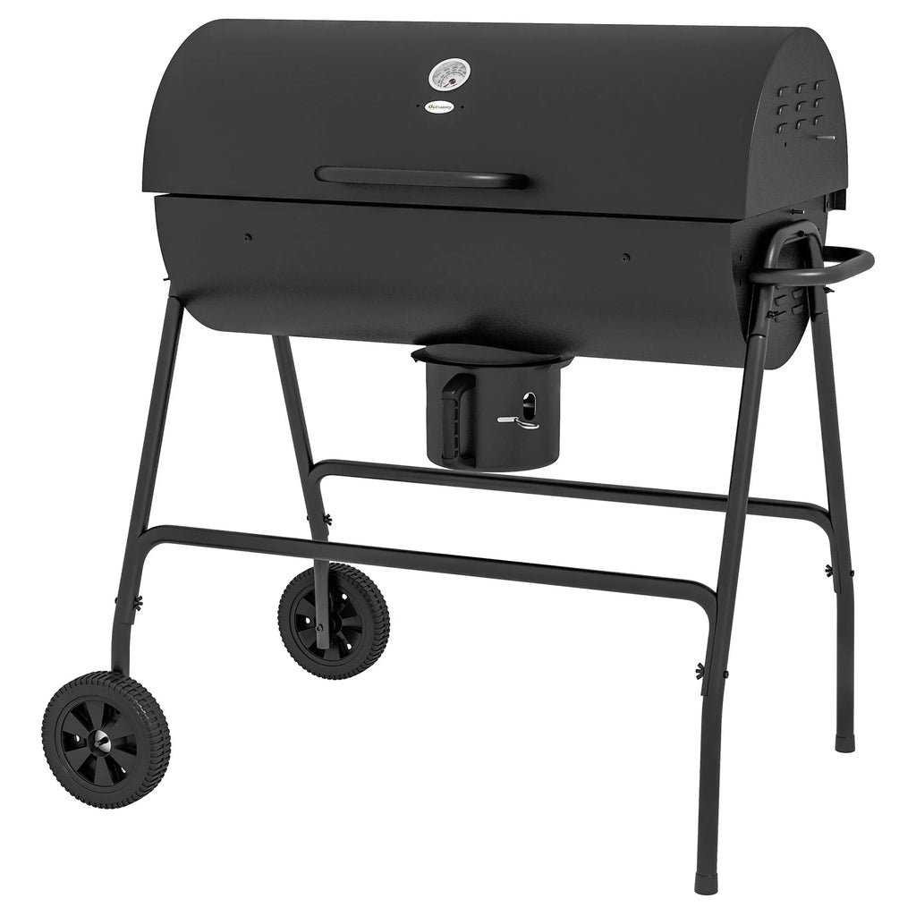 Barrel Charcoal BBQ Grill with 420 sq.in. Cooking Area, Outdoor Barbecue with Wheels, Ash Catcher and Built-in Thermometer for Patio Picnic, Backyard Party, Black