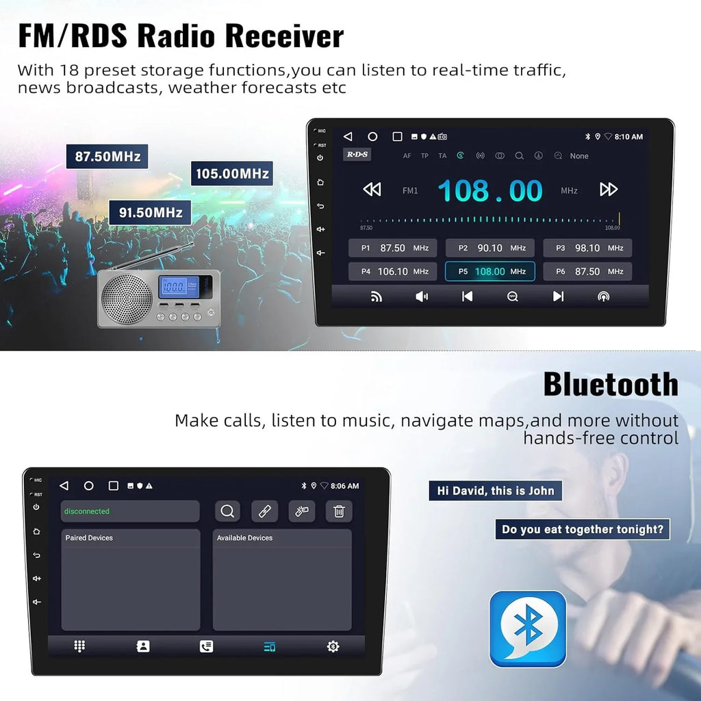 1+32G Android 13 Sizeingle Din Car Sizetereo, 10.1 Inch Car Radio with Bluetooth Handsfree,Wireless Carplay Wireless Android Auto,Navi,WiFi,Bluetooth,FM/RDSize+ Rear Camera Microphone