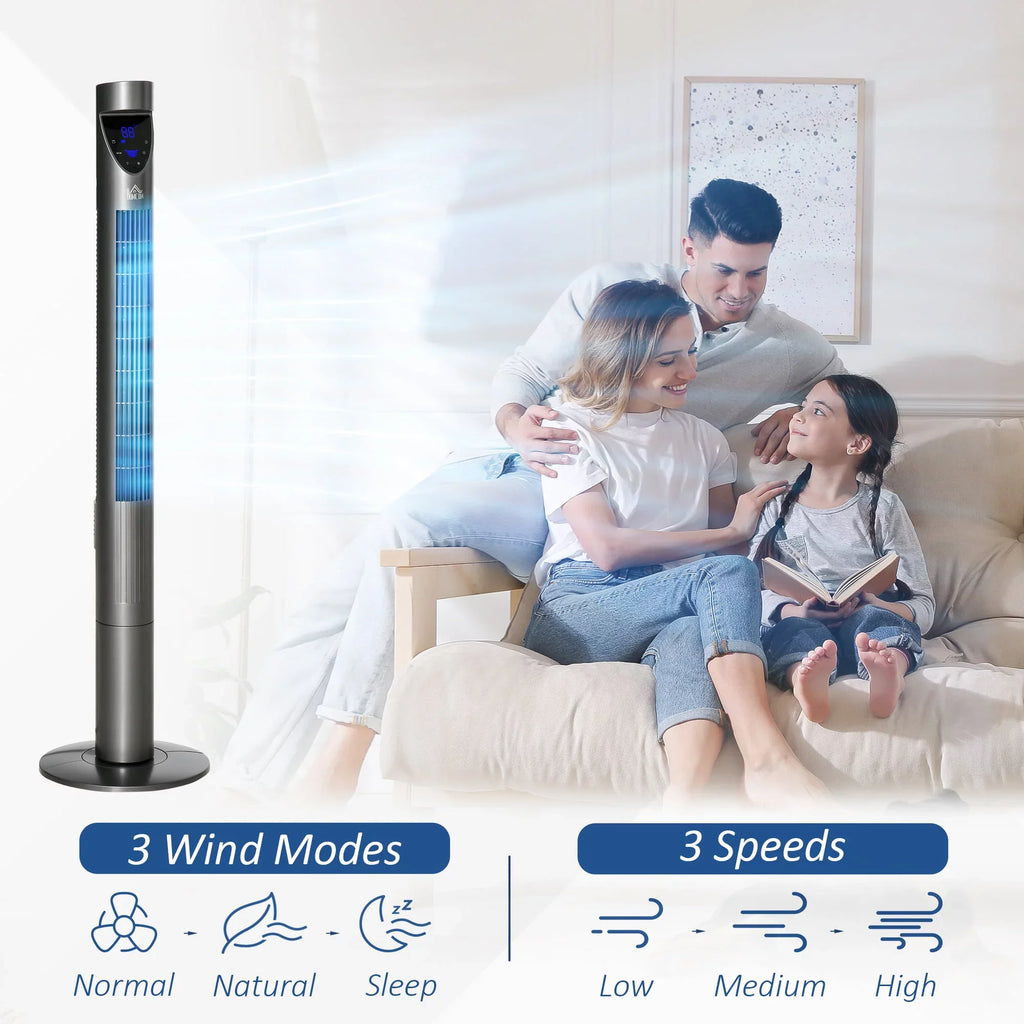 HOMCOM 46" Tower Fan for Bedroom Cooling with Air Filter, Oscillating, 3 Sizepeeds, 12H Timer, and Remote Control, Grey