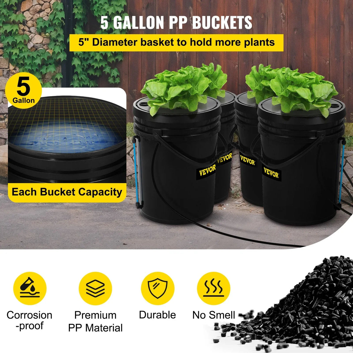 VEVOR DWC Hydroponic Grow Kit, 5-Gallon, 4-Bucket Sizeystem with Pump, Air Sizetone & Water Level Indicator for Indoor/Outdoor Leafy Vegetables