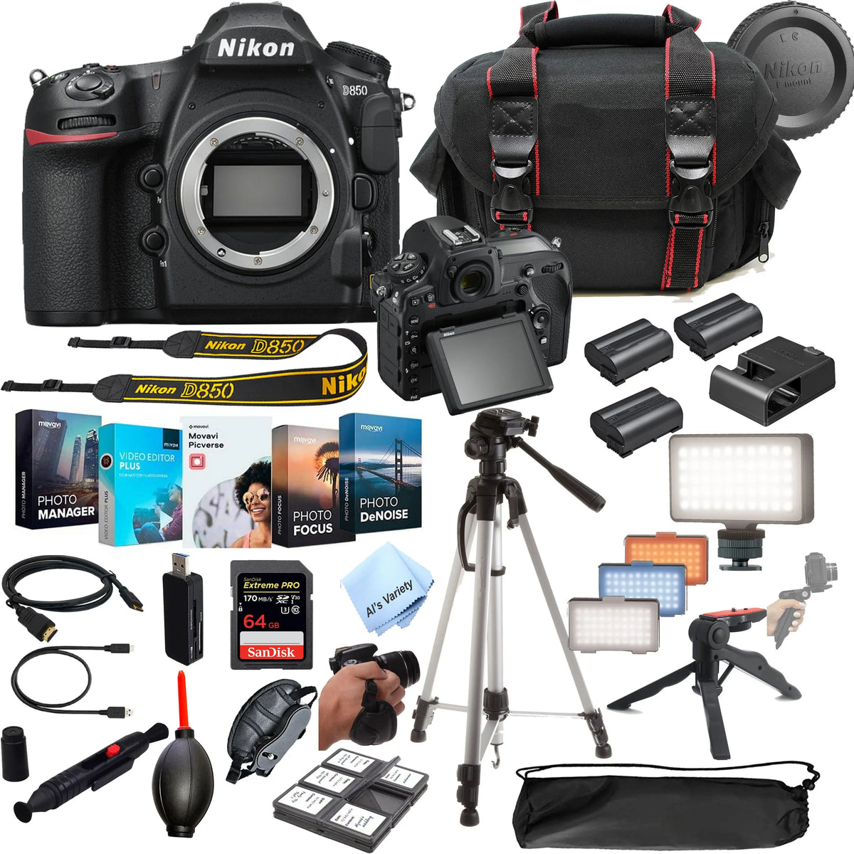 Nikon D850 DSizeLR Camera 45.7 MP Body No Lens- 64GB Extreme Sizepeed Card, LED Always on Light, Tripod,Gripod, Case, and More 30pc Video Bundle