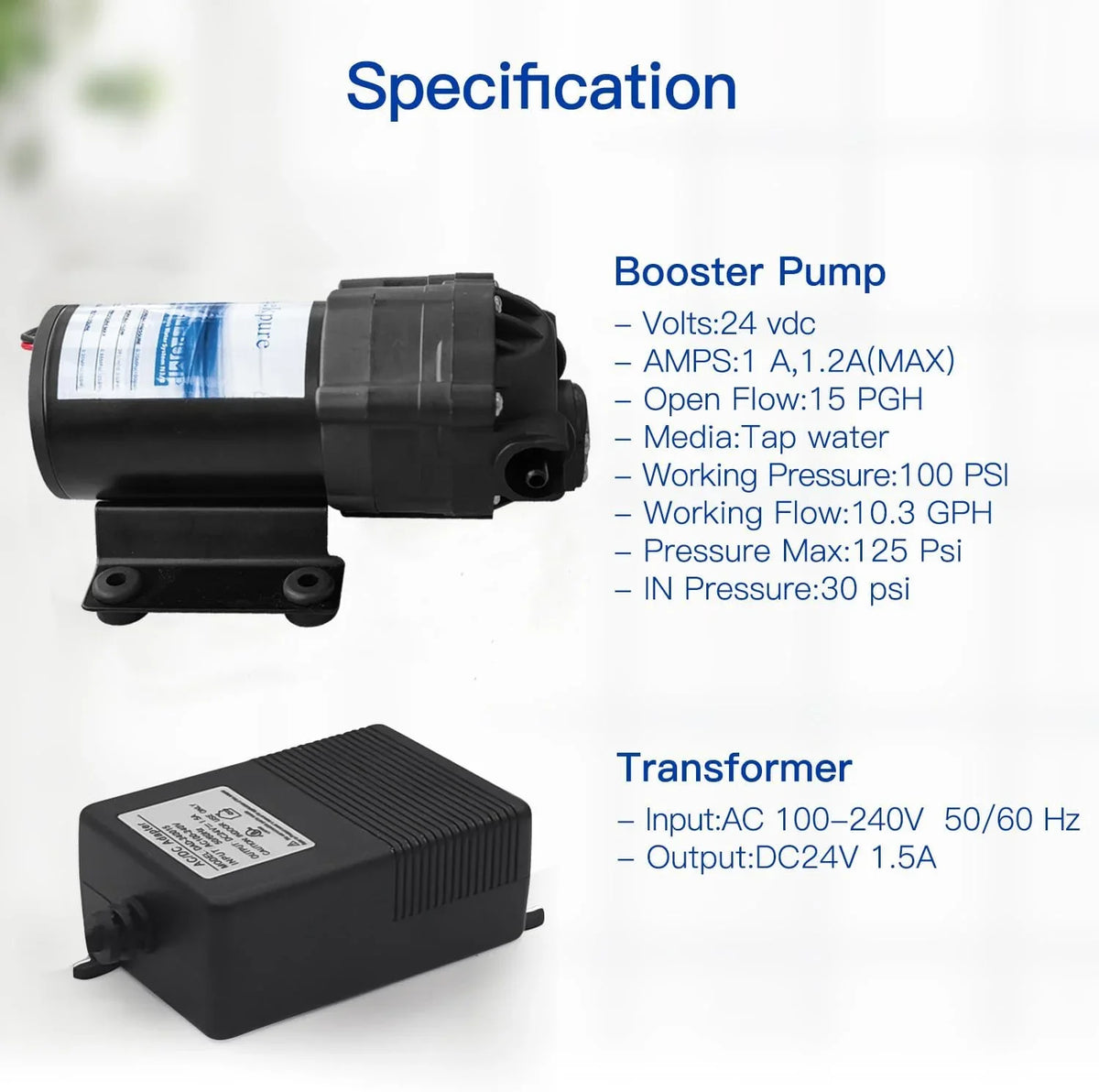 JIAH Reverse Osmosis Booster Pump Kit with Transformer + High and Low Pressure Sizewitches + Fittings for 50-150 GPD RO Sizeystem