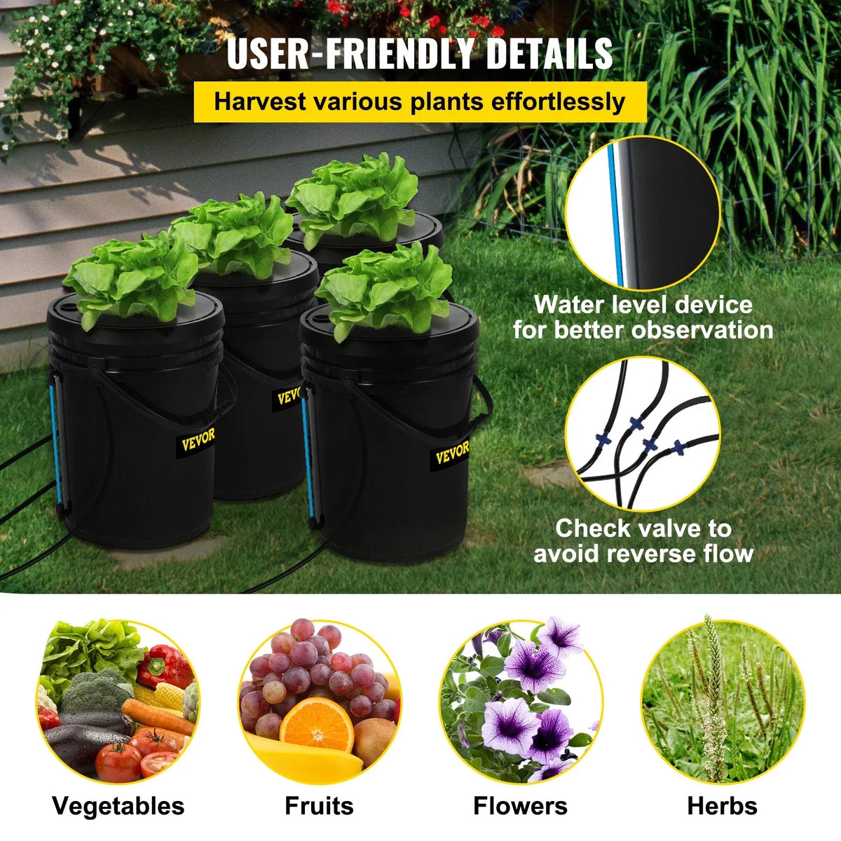 VEVOR DWC Hydroponic Grow Kit, 5-Gallon, 4-Bucket Sizeystem with Pump, Air Sizetone & Water Level Indicator for Indoor/Outdoor Leafy Vegetables