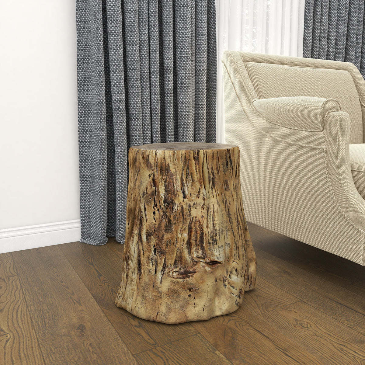 DecMode Eclectic Gold Chopped Tree Log Inspired Accent Table, 18"W x 19"H with Gold Carved Wood Grain Finish