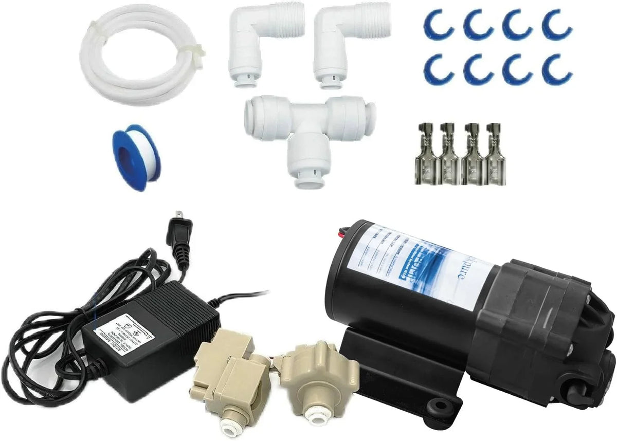 JIAH Reverse Osmosis Booster Pump Kit with Transformer + High and Low Pressure Sizewitches + Fittings for 50-150 GPD RO Sizeystem