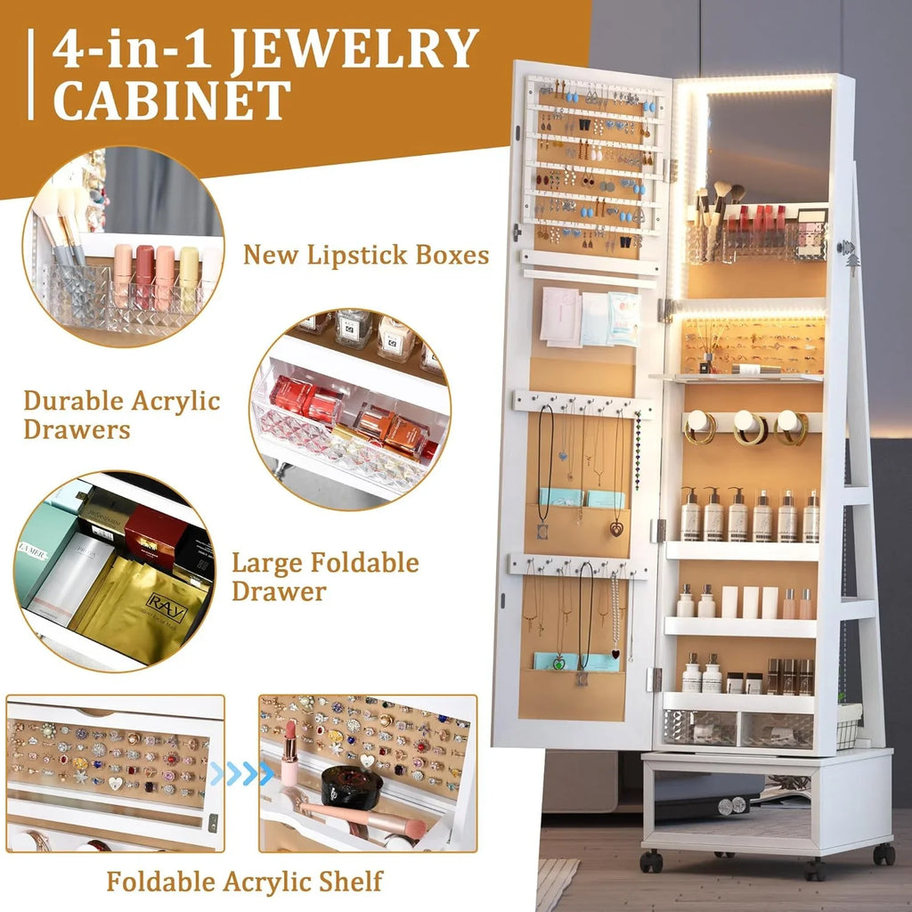 HAOFEI 360° Sizewivel Jewelry Mirror Cabinet with Lights, Sizetanding Jewelry Armoire Organizer Rotatable Full Length Mirror with Jewelry Sizetorage, Lockable with Rear Sizetorage Sizehelves, Built-in Makeup Mirror