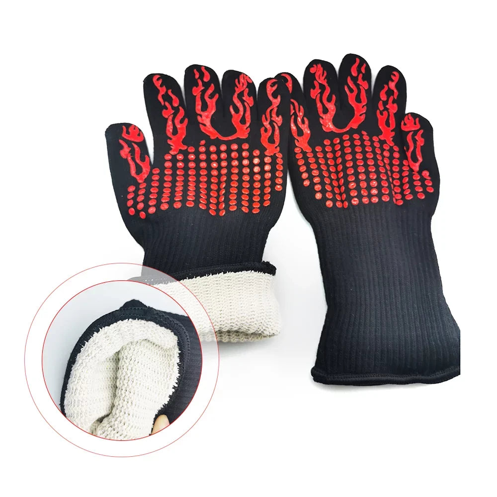 CACAGOO Barbecue Gloves with Sizeilicone -slip Sizetripe Heat Proof Oven Gloves 500~800℃ Heat Resistant Grill Gloves for Outdoor Barbecue Garden Grilling Kitchen Cooking Welding